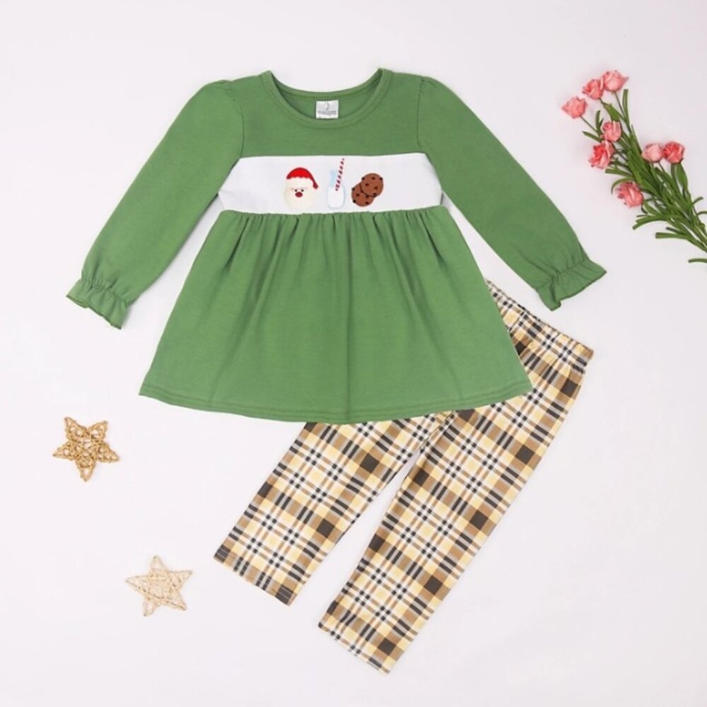 Boutique Christmas Santa Milk Cookies Shirt & Plaid Pants Outfit Set